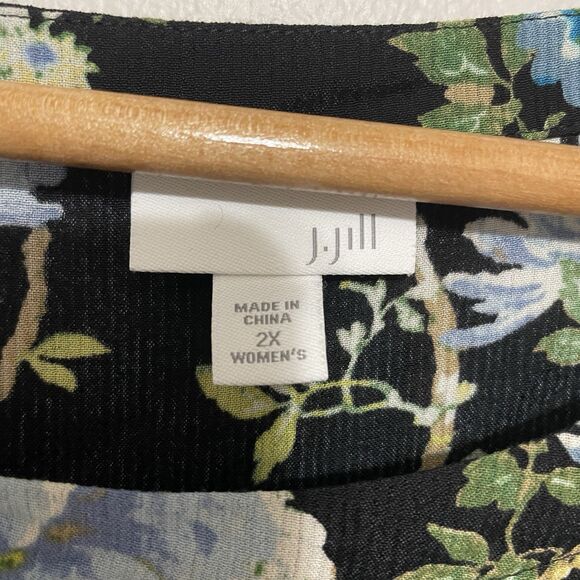 J. Jill Chinoiserie Floral Tunic Blouse 2X Crepe Asian Inspired Black Bow Sleeve - Picture 7 of 12